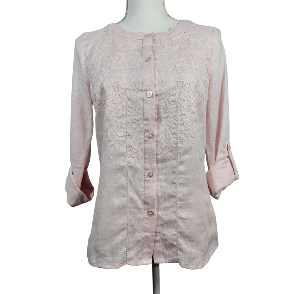 Carole Little Button Down Floral Embroidered 100% Linen Top Pink Women Size S